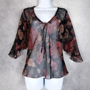 Vintage Y2K Sheer Blouse Womens Petite M Black Floral Bell Sleeve Whimsy Goth